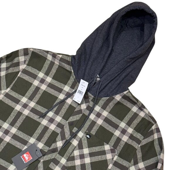 Quiksilver Mens Flannel Hoodie Button Down Plaid Shirt Army Green Size Large New - Picture 2 of 2